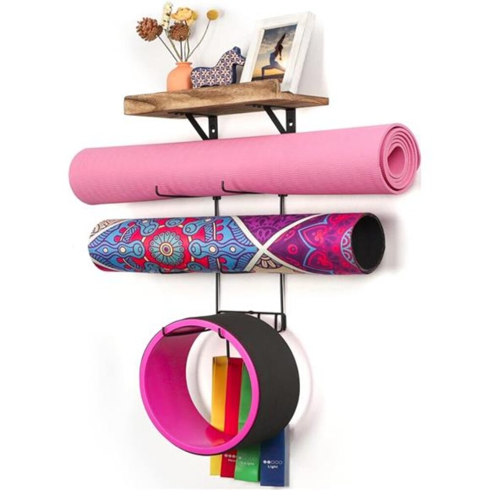 Yoga Mat Holder Wall Mount Yoga Mat Storage Home Gym Accessories with Wood Shelf